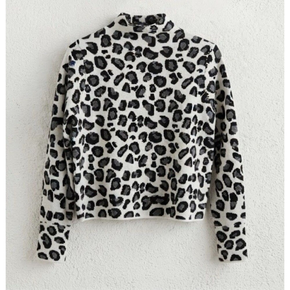 Tahari Leopard Print Mock Neck Sweater Womens L Soft Stretch White Black